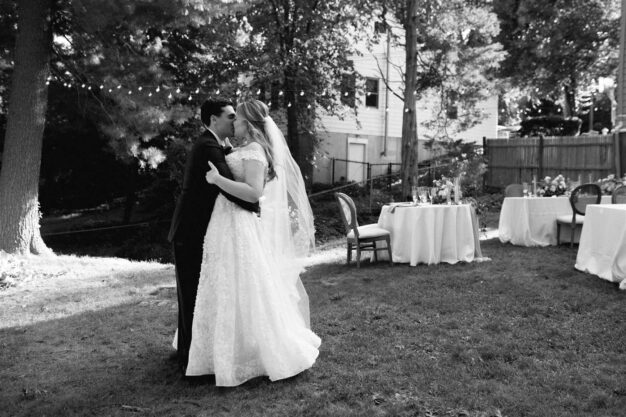 bride and groom at backyard wedding near Boston